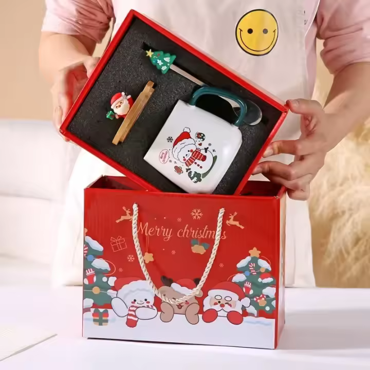 Caja De Regalo De Taza De Cerámica Con Tapa Y Cucharita Para Café Navidad Taza Ecológica Con Accesorios Para Bebidas - 1