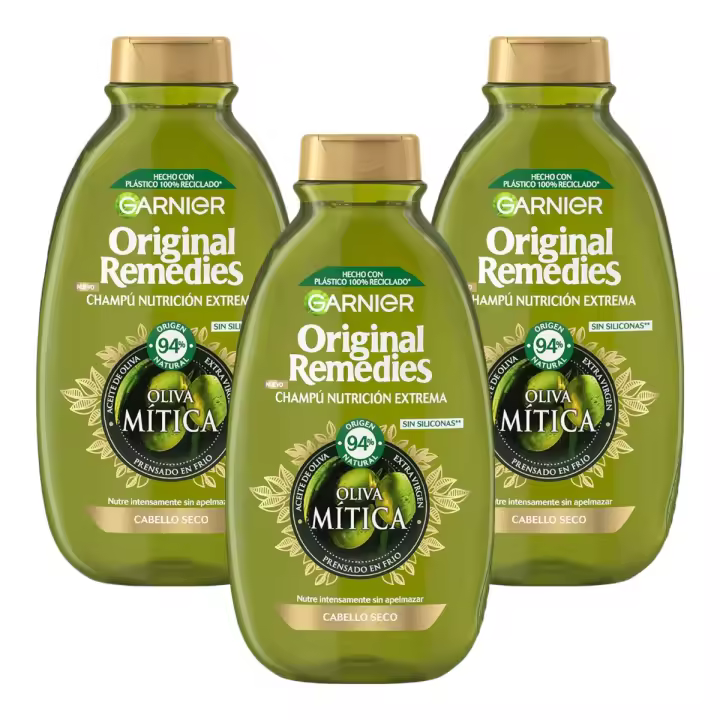 GARNIER ORIGINAL REMEDIES Pack de 3 botes de Champú Nutrición Extrema Oliva Mítica con aceite de oliva extra virgen para cabello seco 300 ml (900 ml en total) - 1