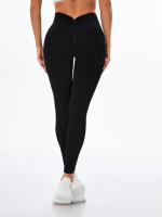 Pantalones De Yoga De Color Sólido Con Cintura Alta En V Y Costuras Sin Marcas Para Mujer Leggings De Gimnasio Y Correr Con Estiramiento Alto Tejidos En Ribete - details 7