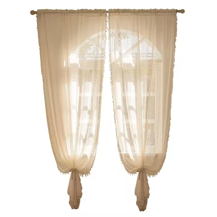 Cortina Bohemia Estilo Transparente Hecha De Voile Con Borlas Y Bolso Para Sala De Estar En Color Beige Y Negro 1 Pieza - 1
