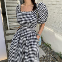 Vestido A-Line De Cintura Alta Estilo Coreano REALEFT Verano Para Mujer Con Manga Puff Cuello Cuadrado Lace-Up Midi Plaid - details 0
