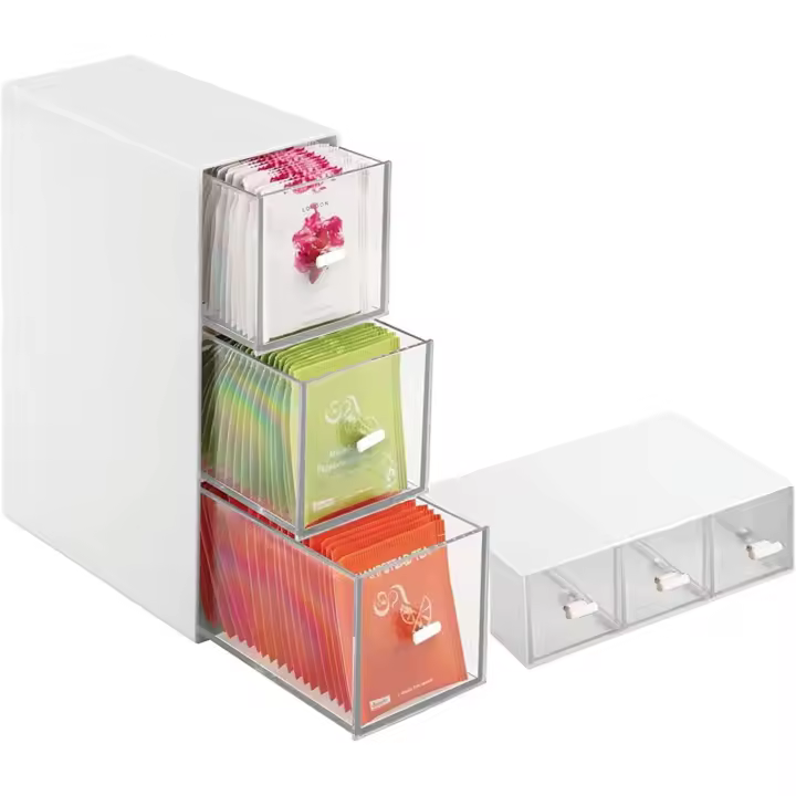 organizador cocina, Caja Té con 3 cajones de plástico, Compacto organizador con cajones de plástico, organizador de maquillaje,Mini cajonera para bolsas de té - 1