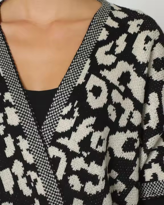 Cardigan abierto, poncho animal print, chaqueta gruesa mujer, flecos modernos, ribete contraste, diseño manchas, estilo casual, talla L/XL, cómodo, versátil, blanco/negro, moda invierno ✅Entrega 24/48h - 1