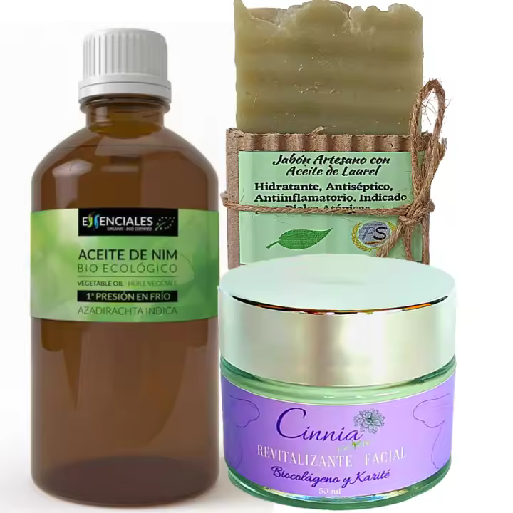 Pack Belleza. Crema Facial Revitalizante Antiarrugas , Aceite puro de Neem y Jabón Artesano de Aceite de Laurel. Pack Ahorro. Pieles Maduras. Pumarshop Cinnia Natura - 1
