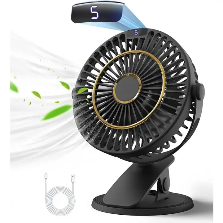 Ventilador de mesa recargable, mini ventilador USB con pantalla LCD, 5 velocidades, rotación de 720°, ventilador portátil, ventilador silencioso para oficina/hogar/camping con cable de 1,2 m - Negro - 1
