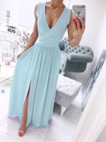 Vestido De Verano Para Mujer Sin Mangas Y Falda Hasta El Tobillo Color Sólido V-cuello Con Abertura Frontal Estilo Oficina Lady - details 4