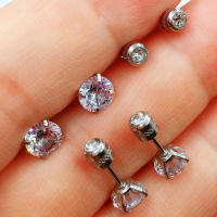 Pendiente De Acero Inoxidable Doble Cristal Circonia Estilo Coreano Para Mujer Pendiente De Cierre De Tornillo Joyería Corporal Antialérgica - details 7