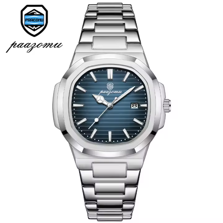 Reloj De Pulsera De Lujo PAAZOMU Para Hombre Resistente Al Agua Cuadrado De Acero Inoxidable Luminoso Con Fecha Y Calendario Perpetuo - 1