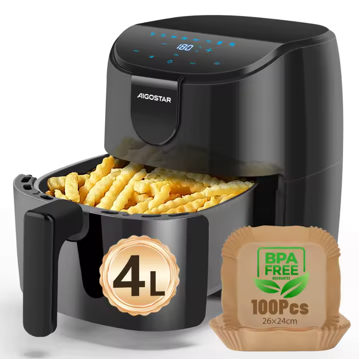Combo Freidora de Aire 1500W 4L + 100 Hojas de Papel para Freidora de Aire, 8 Programas, Pantalla LED, BPA-Free, AIGOSTAR - 1