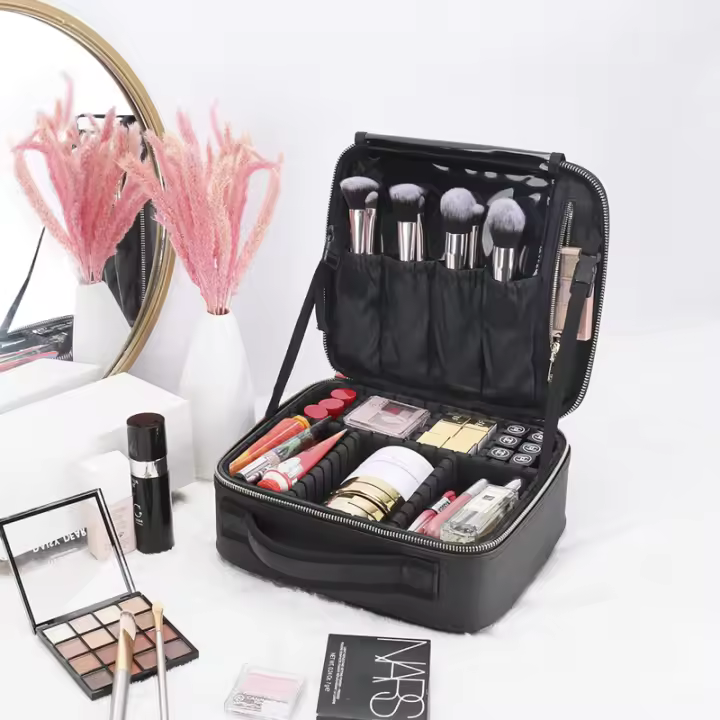 Bolso De Maquillaje De Cuero PU Organizador De Viaje Para Mujeres Con Divisores Ajustables Bolso De Cosméticos Estilo Crocodile Portátil Para Artistas - 1