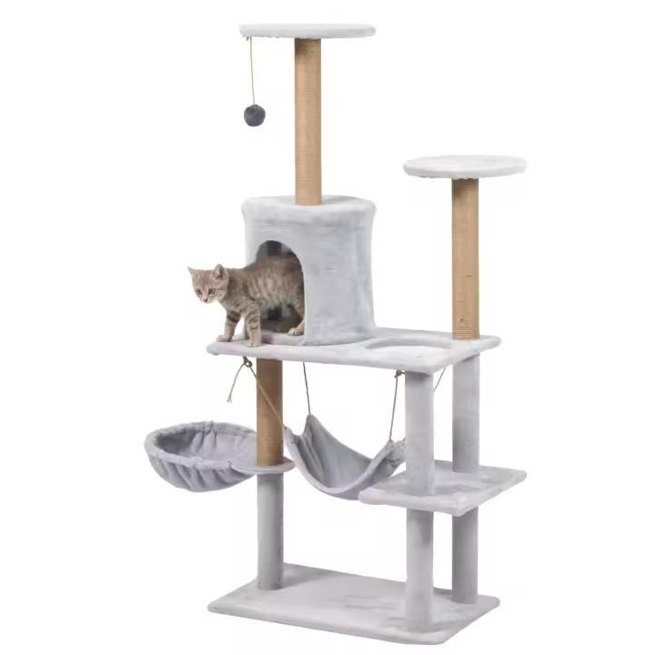 Cature, Árbol para Gatos, Torre para gatos, 5 Niveles con Hamaca y Casa, 137 cm de Altura, Gris - 1