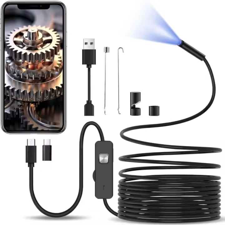 Cámara endoscópica con luz, cámara de inspección con cable semirrígido de 10 m, endoscopio tipo C de 8,0 mm y 6 LED - 1