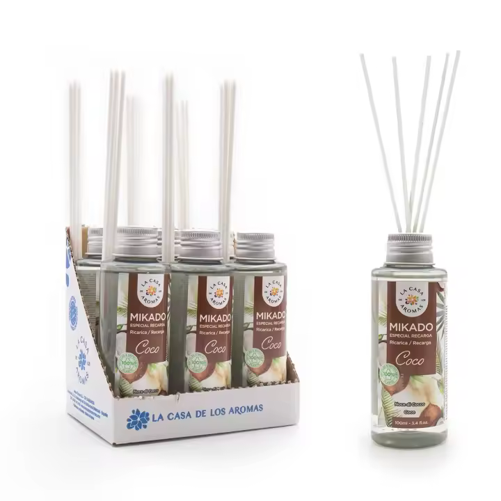 La Casa de los Aromas - Ambientador Mikado Aroma Coco - Set Difusor Líquido para Reposición con Varillas - Fragancia Duradera - Ideal para el Hogar, Baño, Casa - 6 x 100 ml - 1