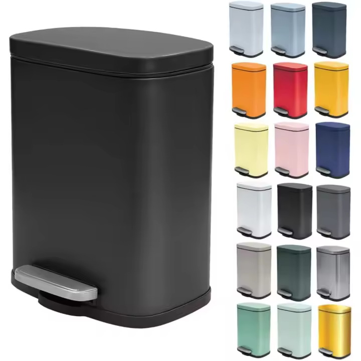 Papelera con pedal de 5 litros de acero inoxidable con cierre suave y contenedor interior de plástico Akira Papelera de baño con freno de caída Negro mate - 1