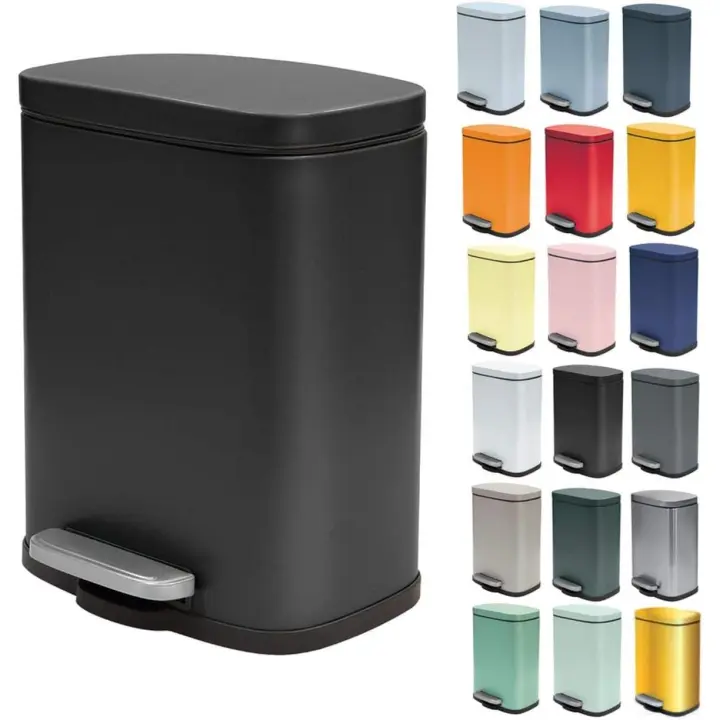 Papelera con pedal de 5 litros de acero inoxidable con cierre suave y contenedor interior de plástico Akira Papelera de baño con freno de caída Negro mate - 1