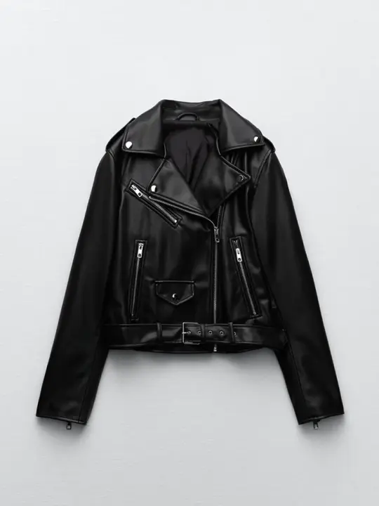 Chaqueta De Cuero PU Para Mujer Fitaylor Cierre De Cremallera Estilo Casual Vintage Con Cinturón Moto Biker Adecuada Para Primavera Otoño - 1