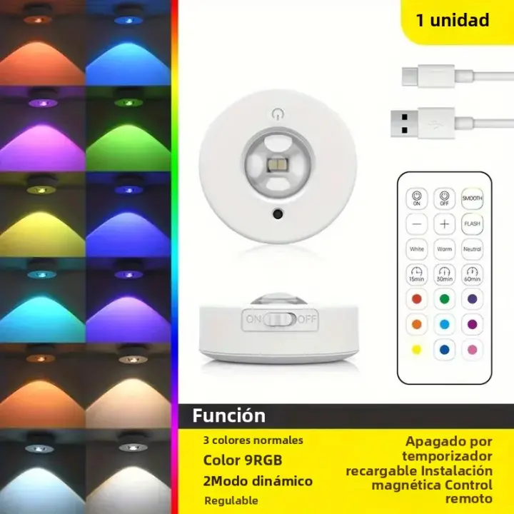 Luz Nocturna LED RGB 12 Colores Con Control Remoto Inalámbrico Y Carga Type-C Para Decoración De Halloween Y Navidad Luz De Armario - 1