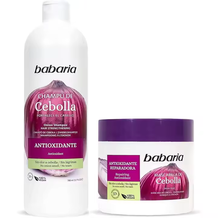 SET - Babaria Champú de Cebolla 700 ml y Mascarilla Fortalecedora para el Cabello 400 ml Antioxidante - 1