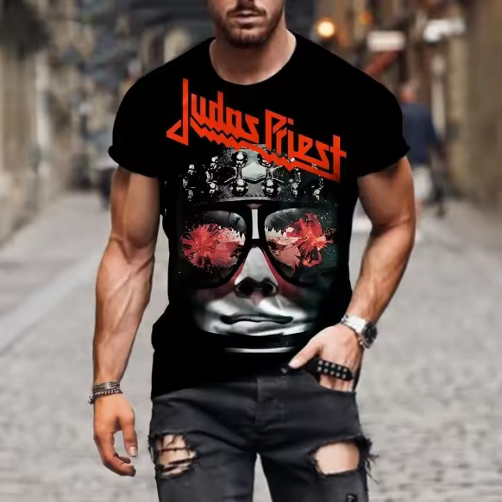 Camiseta Oversize Trend Street Hip Hop Para Hombre Con Estampado 3D De Judas Priest Cuello Redondo Manga Corta Moda Casual - 1