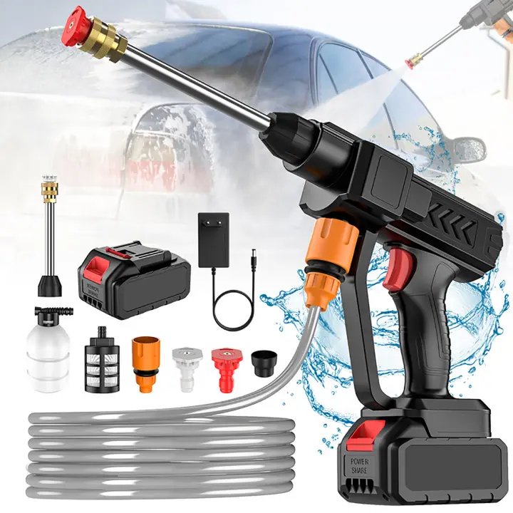 Portátil 21V Pistola de agua para el lavado de coches 700W de alta potencia 30Bar de alta presión Boquilla doble + pulverizador de espuma Pistola de agua inalámbrica multifunción de alta presión para el lavado de coches - 1