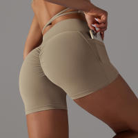 Shorts De Yoga Para Mujer Con Cintura Alta Y Bolsillos Diseño Cruzado Transpirables Y Secado Rápido Para Gimnasio Running Ejercicio - details 17