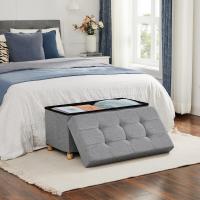 Baúl tapizado capitoné, taburete de almacenamiento textil con asiento acolchado, patas de madera maciza y tapa, gris oscuro - details 5
