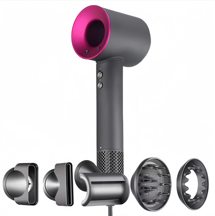 Secador de Pelo Profesional iónico Super Hair Dryer, Diseño Innovador de Ultima generación Sin Aspas, Peso y Tamaño Reducidos, Con Seis Accesorios, incluye soporte de pared, Boquilla Alisadora, Flyaway, Difusor, Boquilla aire suave, Boquilla suave
