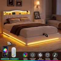 Cama tapizada 140x200 cm en terciopelo blanco crema con canapé abatible, LED RGB, cabecero con almacenaje, USB y USB-C - details 3