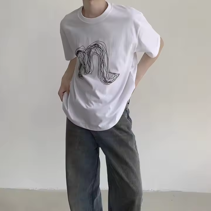 Camiseta De Verano Para Hombre Con Diseño De Letras Tridimensionales Camiseta De Manga Corta Pesada Sensación De Moda Camiseta De Subsuela De Tendencia - 1