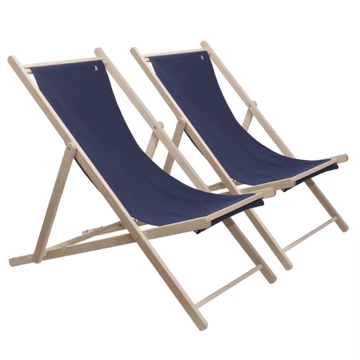 Scalpers Home Set de 2 Hamacas de Madera de Haya Plegables sin Brazos, Estructura sin Barniz, Lona Azul Oscuro - 1