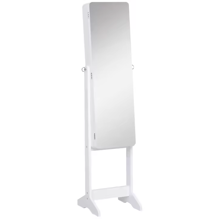 HOMCOM Joyero de Pie con Espejo Armario para Joyas Luces LED Reclinable Guardajoyas Anillos Pendientes Collares Madera 30x36x146cm Blanco - 1