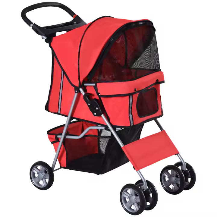 PawHut Cochecito para Mascotas Plegable Carrito para Perros Gatos con Toldo Ajustable Cesta de Almacenaje Ventanas y Portavasos Tela Oxford y Frenos 75x45x97 cm - 1