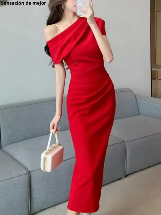 Vestido Elegante De Noche Hombro Descubierto Para Mujer Moda Verano Slim Uno Pieza Sólido Vestido Coreano Ropa De Graduación - 1