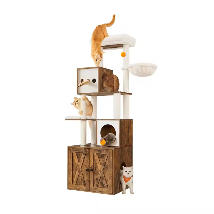 Árbol moderno para gatos de 185 cm con rascador y arenero, torre con plataformas y cojines lavables, greige o marrón rústico - 1