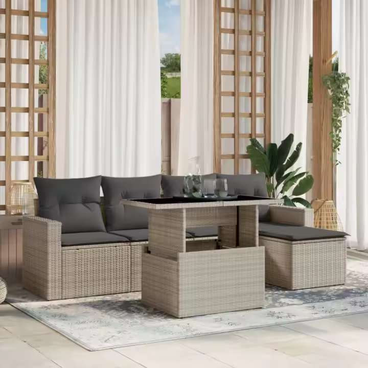 vidaXL Set de sofás de jardín 6 pzas y cojines ratán sintético gris - 1
