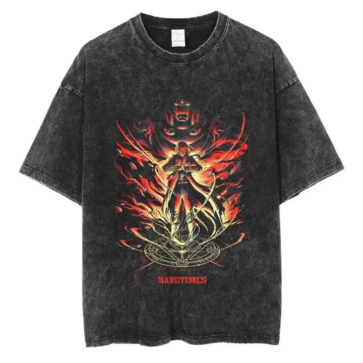 Camiseta Hip Hop Vintage Lavada Streetwear Manga Corta Algodón Impresión Anime FULLMETAL ALCHEMIST Casual Verano Para Hombres - 1