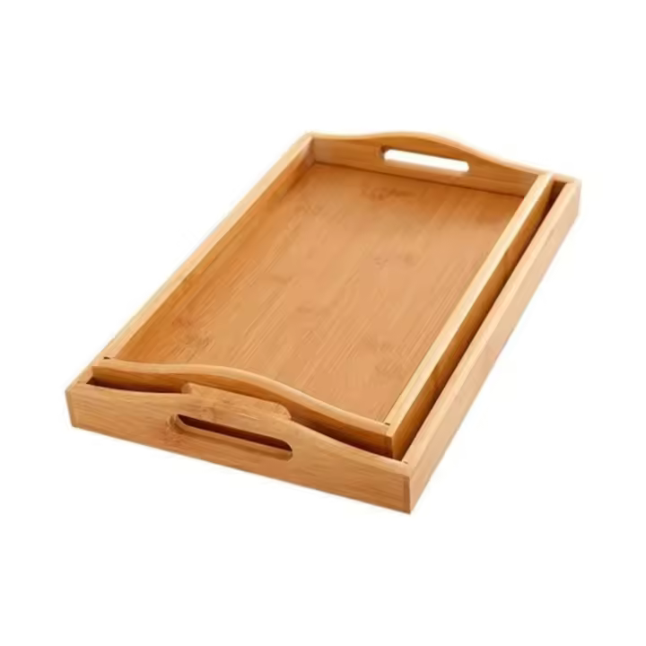HOGUITA-Juego de 2 Bandejas de Bambú Apilables Para Servir Con Asas, Bandejas De Madera Portátiles Para Desayuno, Comida, Café, Aperitivos o Decoración, Bandejas Resistentes y Elegantes Para El Hogar, Cocina o Uso Diario - 1