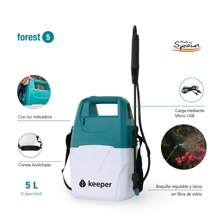 Pulverizador Eléctrico Keeper Forest 7L con Batería de Litio Recargable USB y Autonomía de 120 Minutos - Ideal para Jardín y Terrazas - 1