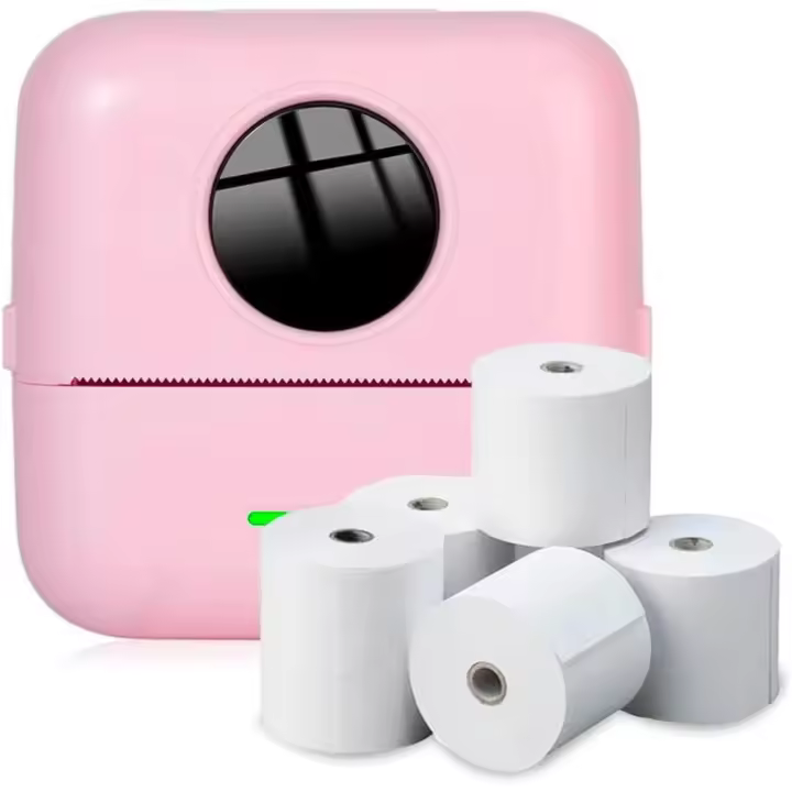 Impresora Portátil con 5 Rollos de Papel Térmico - Mini Impresora Térmica para Móvil, Cable USB, Compatible con iOS y Android, Color Rosa - 1