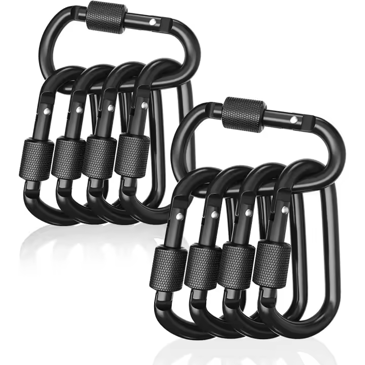 Mosquetón con cierre de aluminio, paquete de 10, hebilla para puerta, para acampar, pescar, hacer senderismo y llavero, color negro - 1