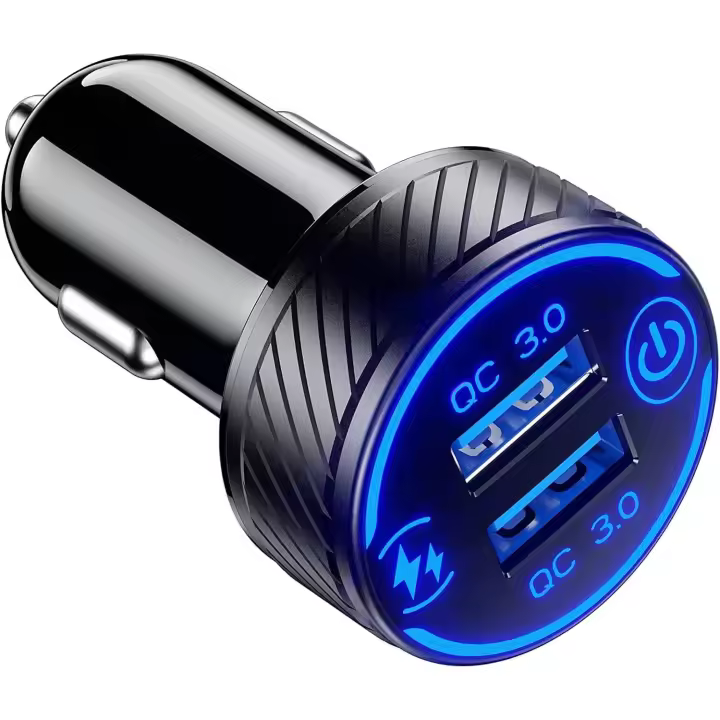 Cargador de coche, adaptador de Cargador de coche USB rápido de Doble Puerto QC3.0, Cargador de teléfono de Coche de carga rápida de 36 W/3 A with LED Azul and interruptor tácil to appará teléfono, galaxia - 1