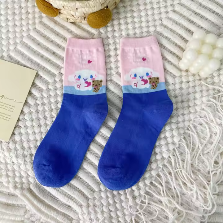 Calcetines Disney Miniso Cinnamoroll Para Mujer Azul De Algodón Peinado Medio Tubo Estilo Lindo Con Perro Dibujos Animados - 1
