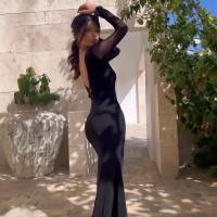 Vestido Largo De Mujer Con Cuello En V Profundo Y Malla De Encaje Sensible Al Viento De Color Sólido Talla Slim Para Fiestas Y Clubes - details 7