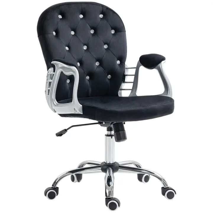 HOMCOM Silla de Oficina, Silla de Escritorio Ergonómica con Apoyabrazos, Respaldo Acolchado, Silla de Ordenador Regulable en Altura con Aspecto de Terciopelo, Silla Giratoria para Oficina en Casa, Negro - 1