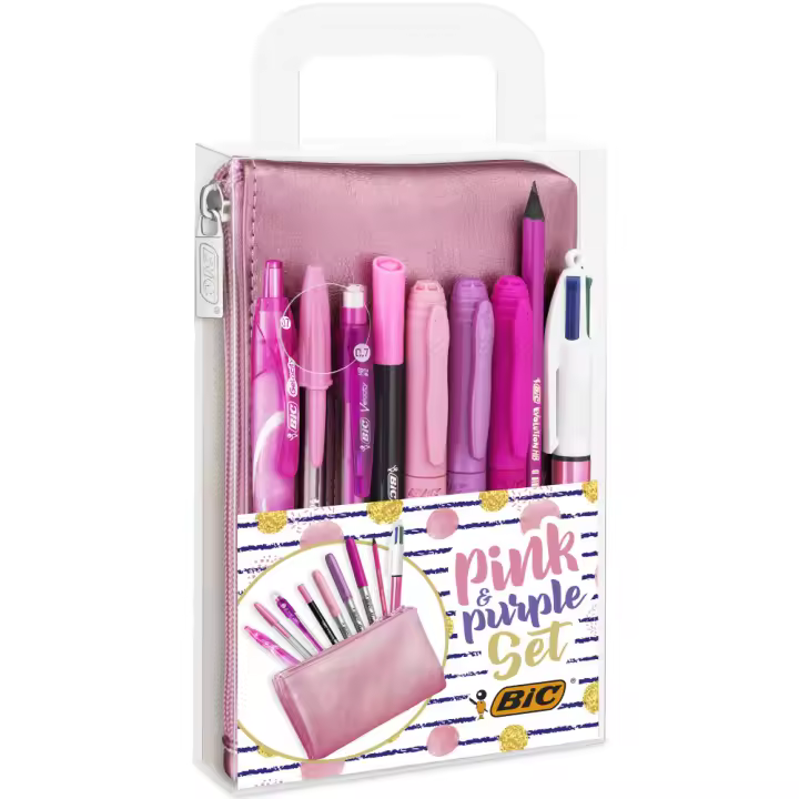 BIC Pink & Purple Set - 1Estuche/2Bolígrafos/1Bolígrafo de Gel/2Rotuladores de Escritura/3Marcadores Permanentes/1Portaminas - 1