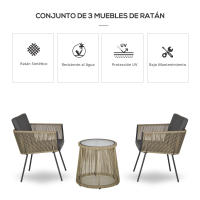 Outsunny Conjunto de Jardín Exterior de 3 Piezas Juego de 2 Sillas y Mesa de Ratán con Cojines Acolchados y Encimera de Vidrio para Balcón Terraza Café y Gris - details 4