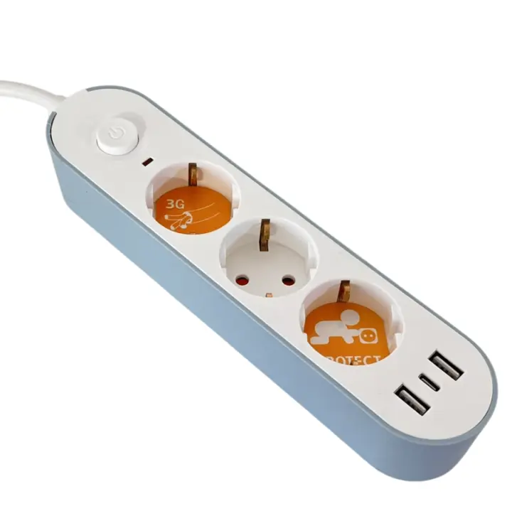 Regleta de 3 enchufes con 3 USB, Enchufe Múltiple Pared con 2 USB +1 tipo C, alargador Eléctrica de Pared 3680 W 16 A, Enchufe de Distribución con Interruptor, Cable de 1,5mm3, Color azul-blanco - 1