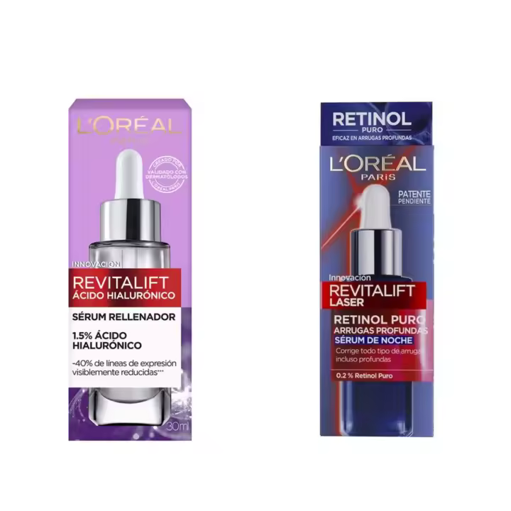L’ORÉAL Pack - Serum Antiarrugas Revitalift Filler  1,5% Ácido Hialurónico 30ml + Serum Noche con Retinol Puro, Todo tipo de Arrugas 30ml - 1