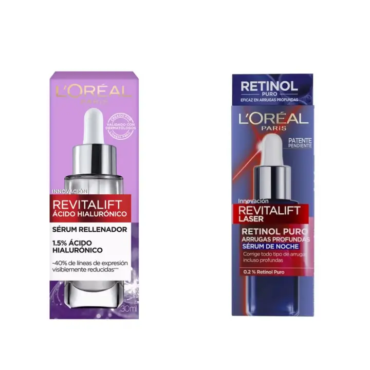 L’ORÉAL Pack - Serum Antiarrugas Revitalift Filler  1,5% Ácido Hialurónico 30ml + Serum Noche con Retinol Puro, Todo tipo de Arrugas 30ml - 1