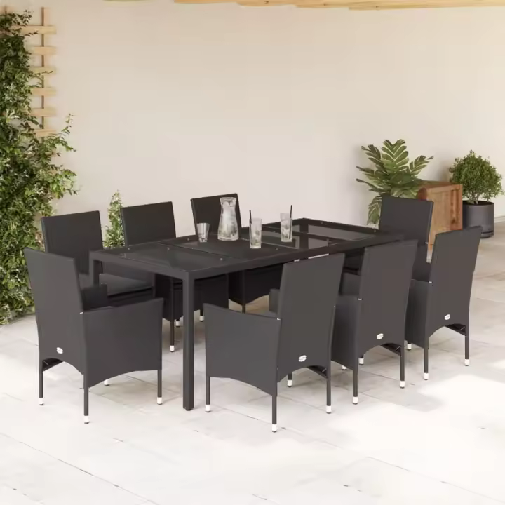 vidaXL Set comedor jardín 9 pzas cojines ratán sintético vidrio negro - 1